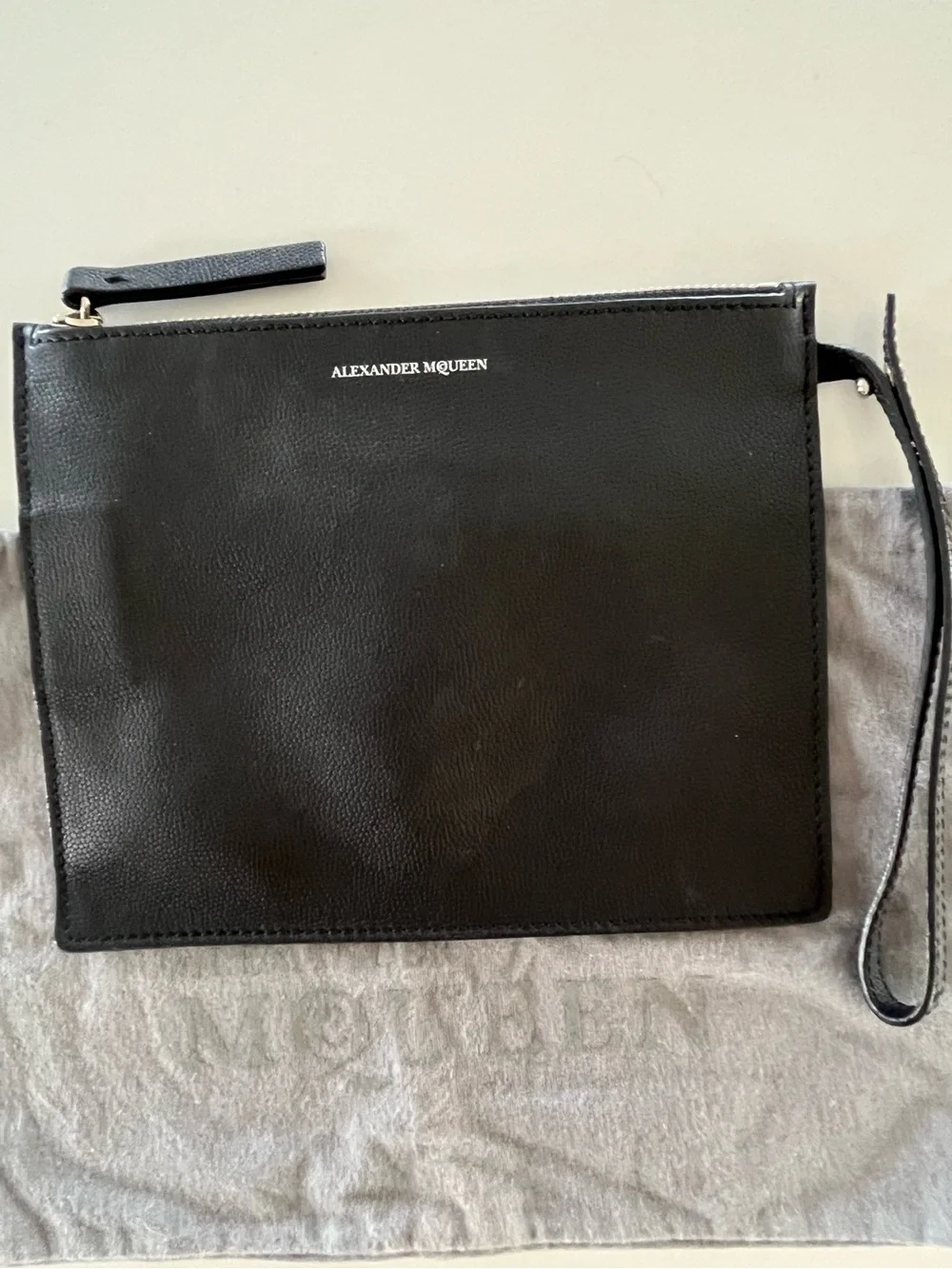 Alexander McQueen Rare Black Grained Leather Wristlet Pouch Clutch Like New